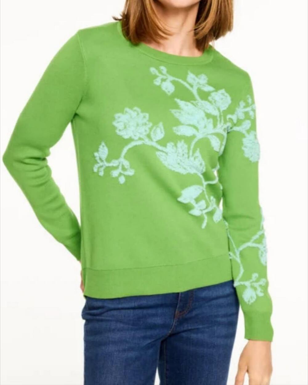 Talbots Womens Green Crewneck Pullover Straight Hem Placed Floral Size XL